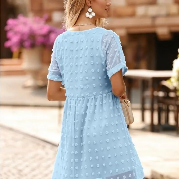 NWOT KIRUNDO Light Blue Textured V-Neck Babydoll Dress - Picture 2 of 7